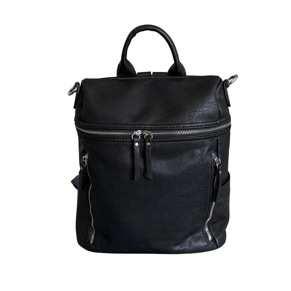 Mystique Black Faux Leather Convertible Backpack Purse with Front Zip Pockets - Picture 4 of 14